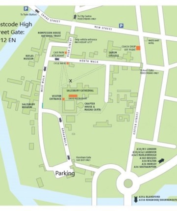 Map for the location of the commemorative trees sited at the far end of Marsh Close in the Cathedral Close and can be reached via an opening opposite the Harnham Gate.