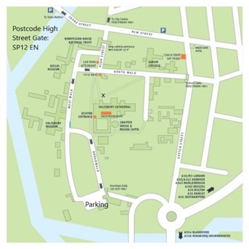 Map for the location of the commemorative trees sited at the far end of Marsh Close in the Cathedral Close and can be reached via an opening opposite the Harnham Gate.